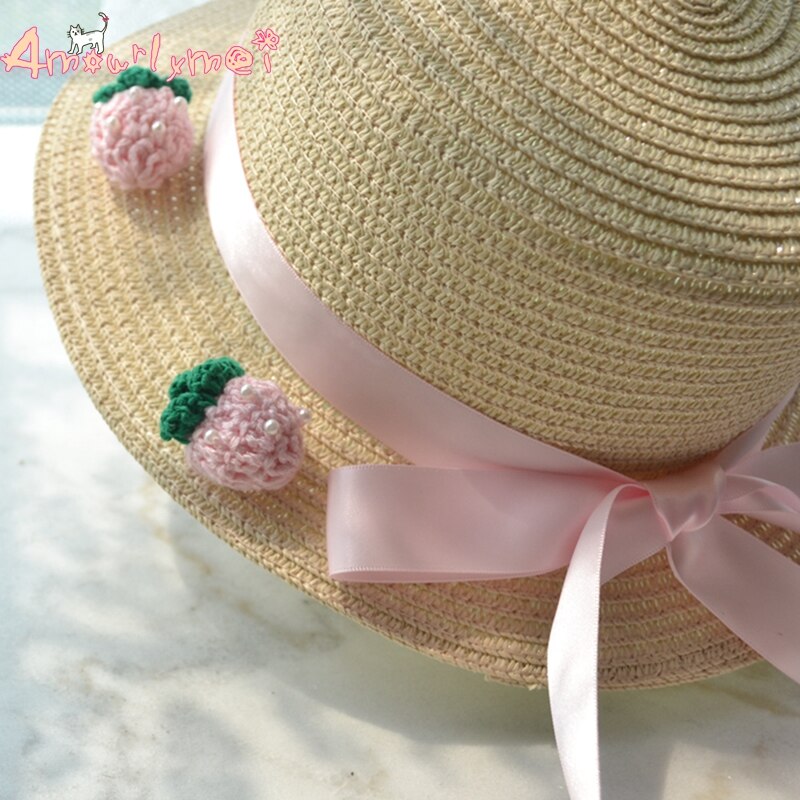 Amourlymei, , novedad de , sombrero de playa de verano para mujer, sombrero de sol estilo japonés Mori Girl Lolita Kawaii, sombreros de paja con lazo rosa fresa