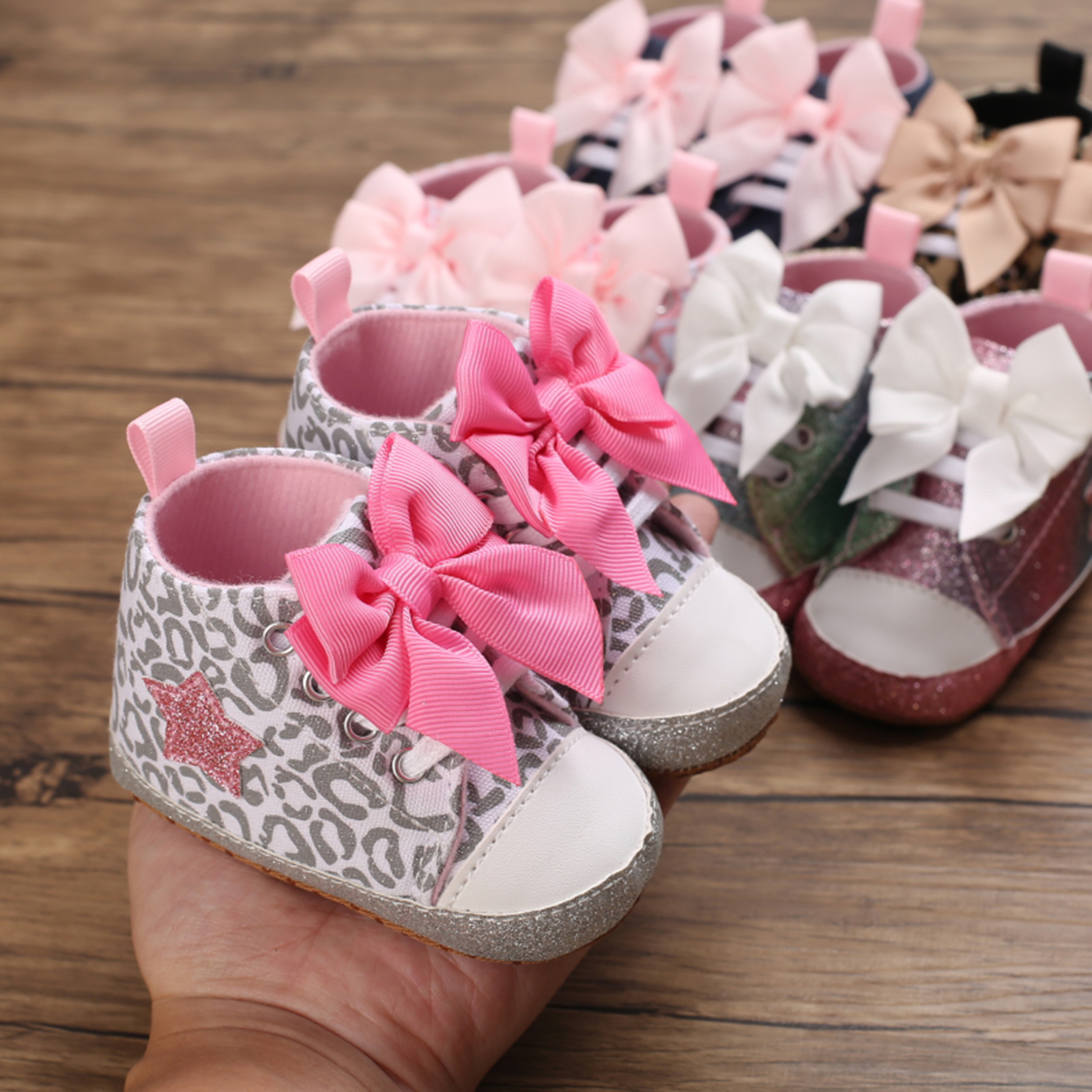 Emmababy – chaussures pour bébé fille, léopard/étoile, cheville haute, nœud papillon, marche, semelle souple, d'anniversaire, première marche