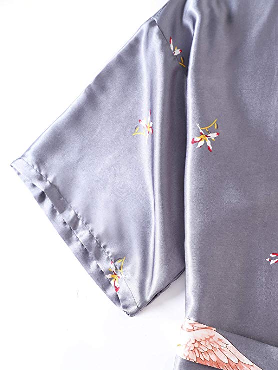 Grau Satin- Lange Bademantel Frauen Hochzeit Braut Brautjungfer Kleid Nachthemd Nachtwäsche Druck Kran Kimono Größe S M L XL XXL XXXL