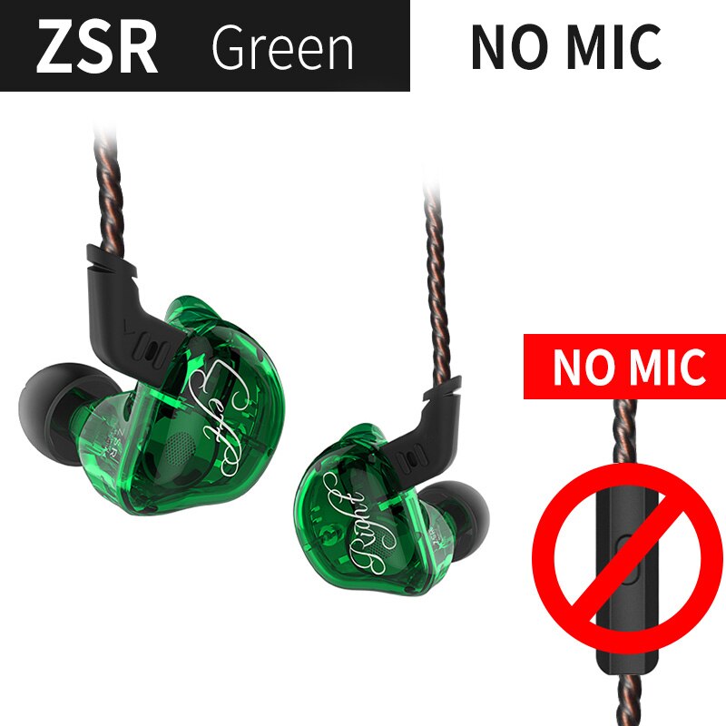 Kz Zsr 1DD + 2BA Hifi Sport In-Ear Oortelefoon Dynamische Driver Noise Cancelling Headset Vervanging Kabel AS10 ZS10 zst: green no mic