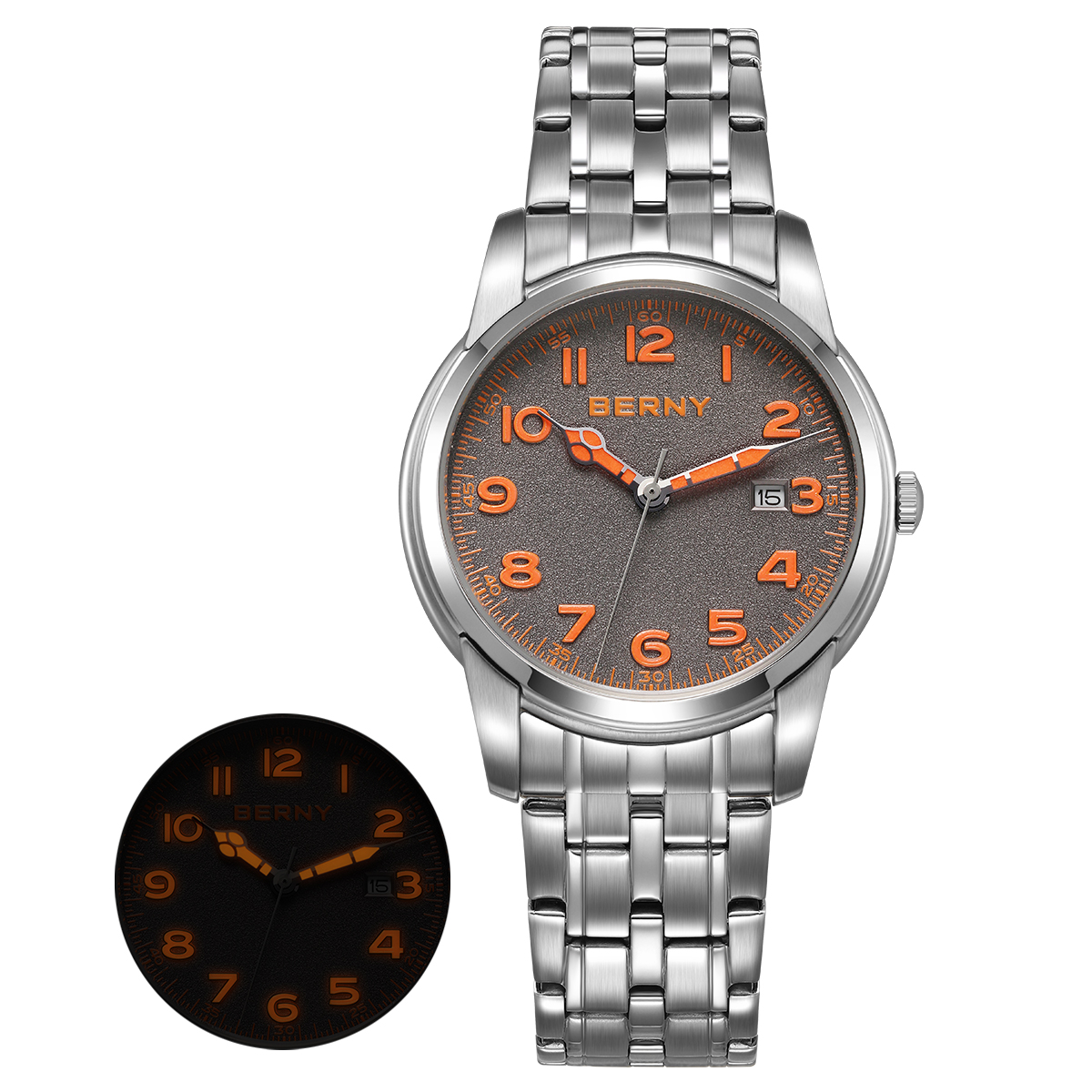 Relojes BERNY para hombre, calendario, fecha, reloj piloto de cuarzo luminoso, S/S, clásica, deportes, fácil lectura, reloj de pulsera para hombre al aire libre: Grey