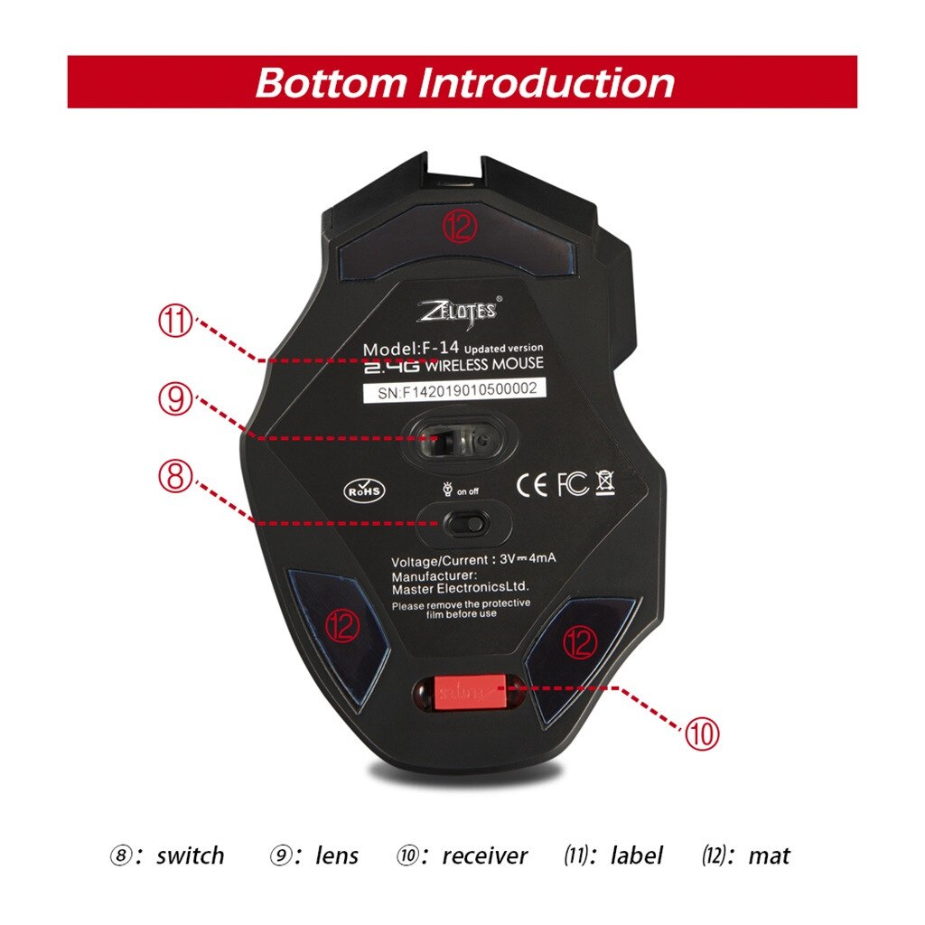 Zelotes 2.4G di Ricarica Gaming Mouse USB Ricevitore 30 Metri Senza Fili di Collegamento 250Hz / 500Hz Finestre 2000 / ME Mac OS