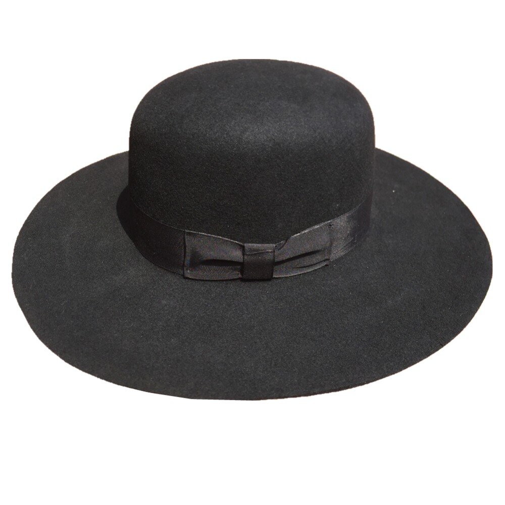 Women's Boss of the Plains Cap Hat Fedora Black Wool Felt Big Wide Brim Hats- Round Top 10cm Brim