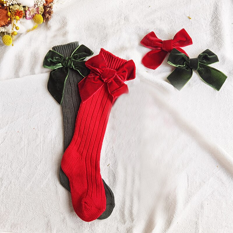 Calcetines de bebé de invierno con lazo grande, medias de Navidad rojas y verdes para niñas, suaves y cálidos hasta la rodilla, para niños