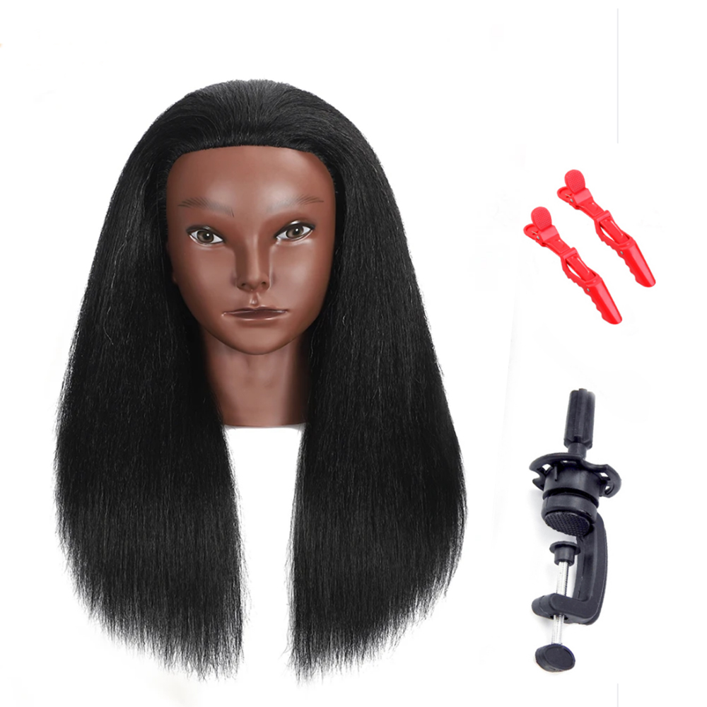 African Mannequin Head Real Hair Hairdresser Training Head With Tripod Manikin Cosmetology Doll Head For Braiding Styling: Fluorescein