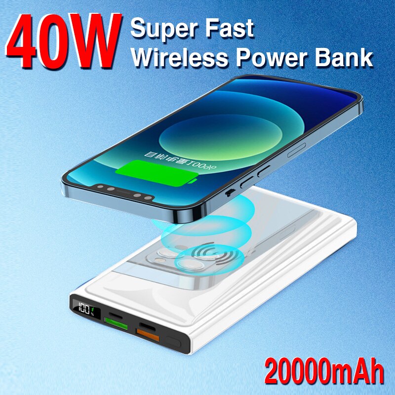 20000mah sem fio power bank 40w super rápido carregamento display digital bateria externa embutido cabos com lanterna para o telefone