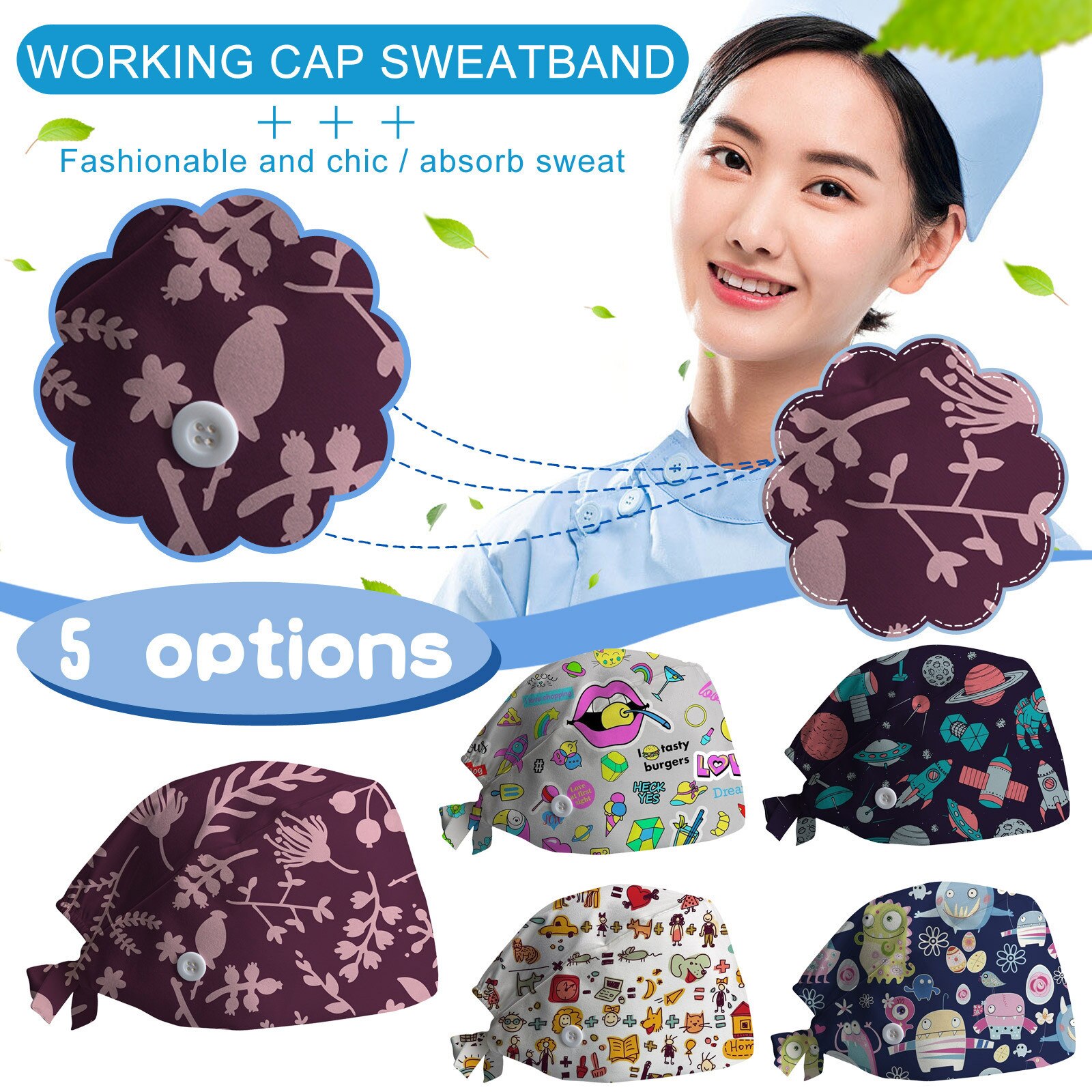gorros quirurgicos mujer Working Cap Sweatband Bouffant Turban Button Tie Back Adjustable Sweat strip Unisex Dentist Scrub Cap