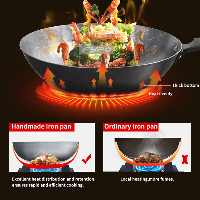 Ijzeren Wok, Traditionele Hand Gehamerd Carbon Ijzer Pow Wok Met Houten Helper Handvat, niet-Coating Gas Fornuis Kookgerei