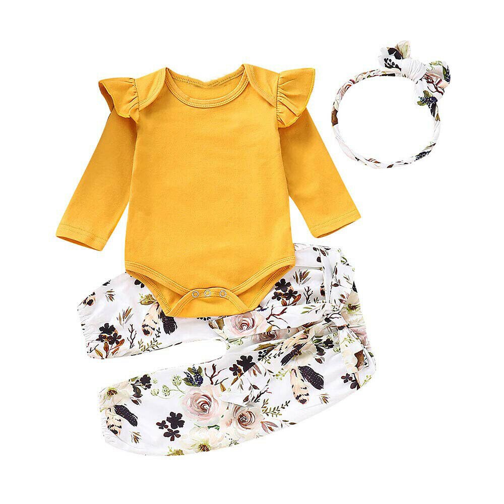 Toddler kids baby floral 3 pcs flæser tøj sport jumpsuit romper bukser pandebånd outfit sæt: 6-9 måneder / Gul