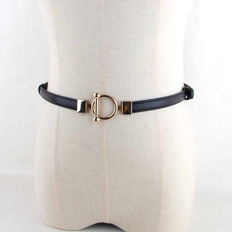 Cinturones de negro para mujer, cinturones finos ajustables de cuero de PU para mujer, círculo dorado con hebilla de aleación, vestido ceñido en la cintura cinturón de mujer