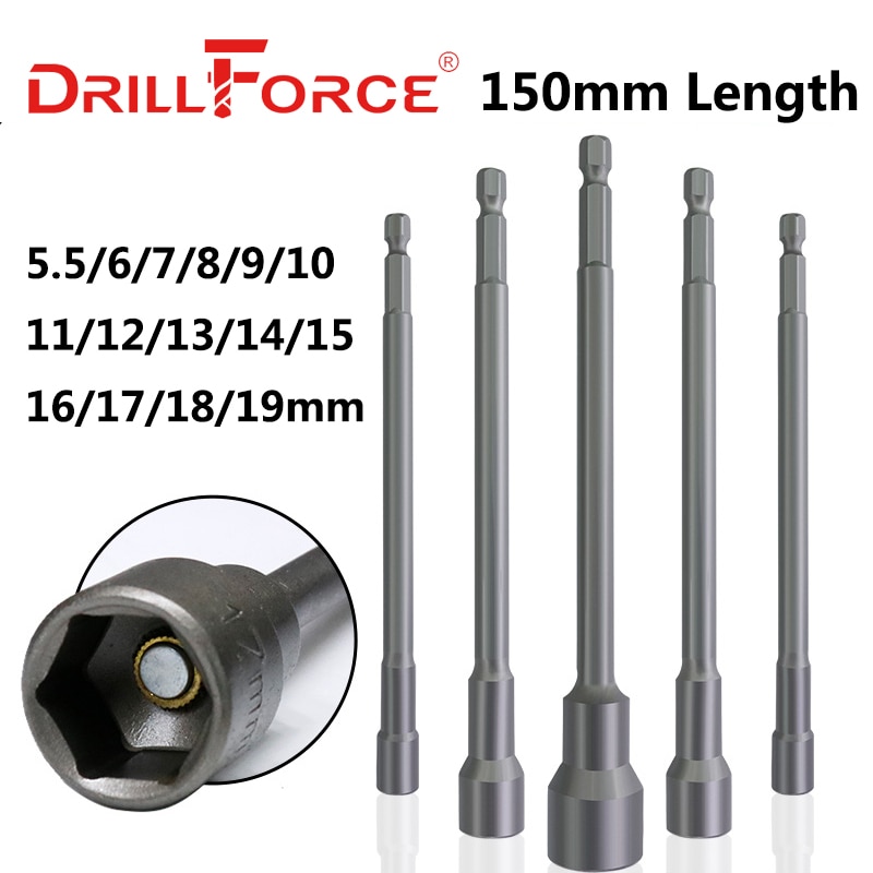 Drillforce 5.5-19x150mm Magnetic Nut Driver Set Impact Socket Sleeve Adapter Screwdriver Drill Bit 1/4" Quick Change Hex Shank