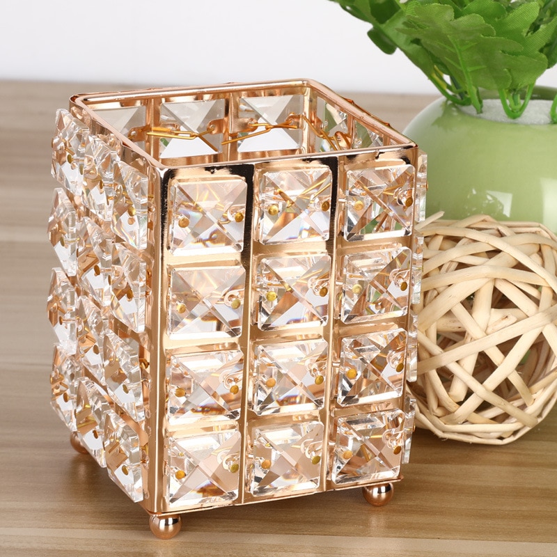 Cubo de cristal para brochas de maquillaje, bote de almacenamiento de cosméticos para el hogar, florero de lápiz, 120x100mm, dorado y plateado