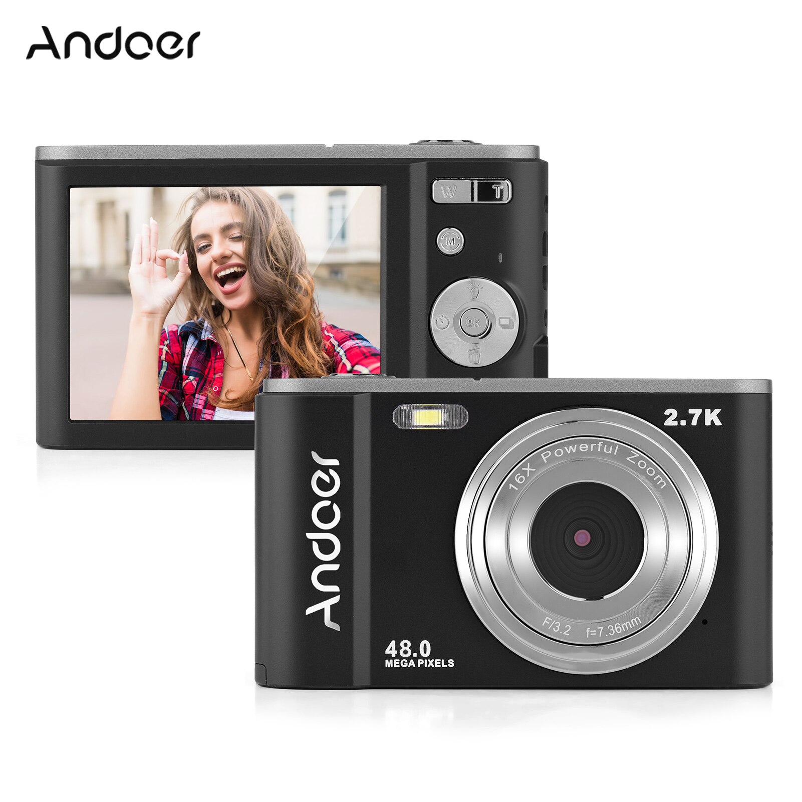 Andoer mini Macchina Fotografica Digitale 44MP 2.7K da 2.88 pollici IPS Dello Schermo di 16X Ingrandisci Viso di Rilevamento costruito-in 2pz batterie A Mano Cinghia di Custodia per il trasporto