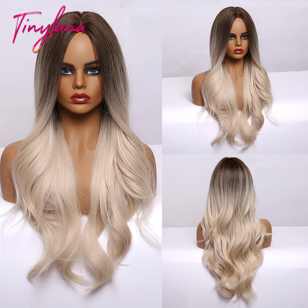 TINY LANA Synthetic Wigs Golden Ash Blonde Ombre Long Middle Point Wavy HairStyle Natural Hairline for Afro Women Heat Resistant: LC295-1