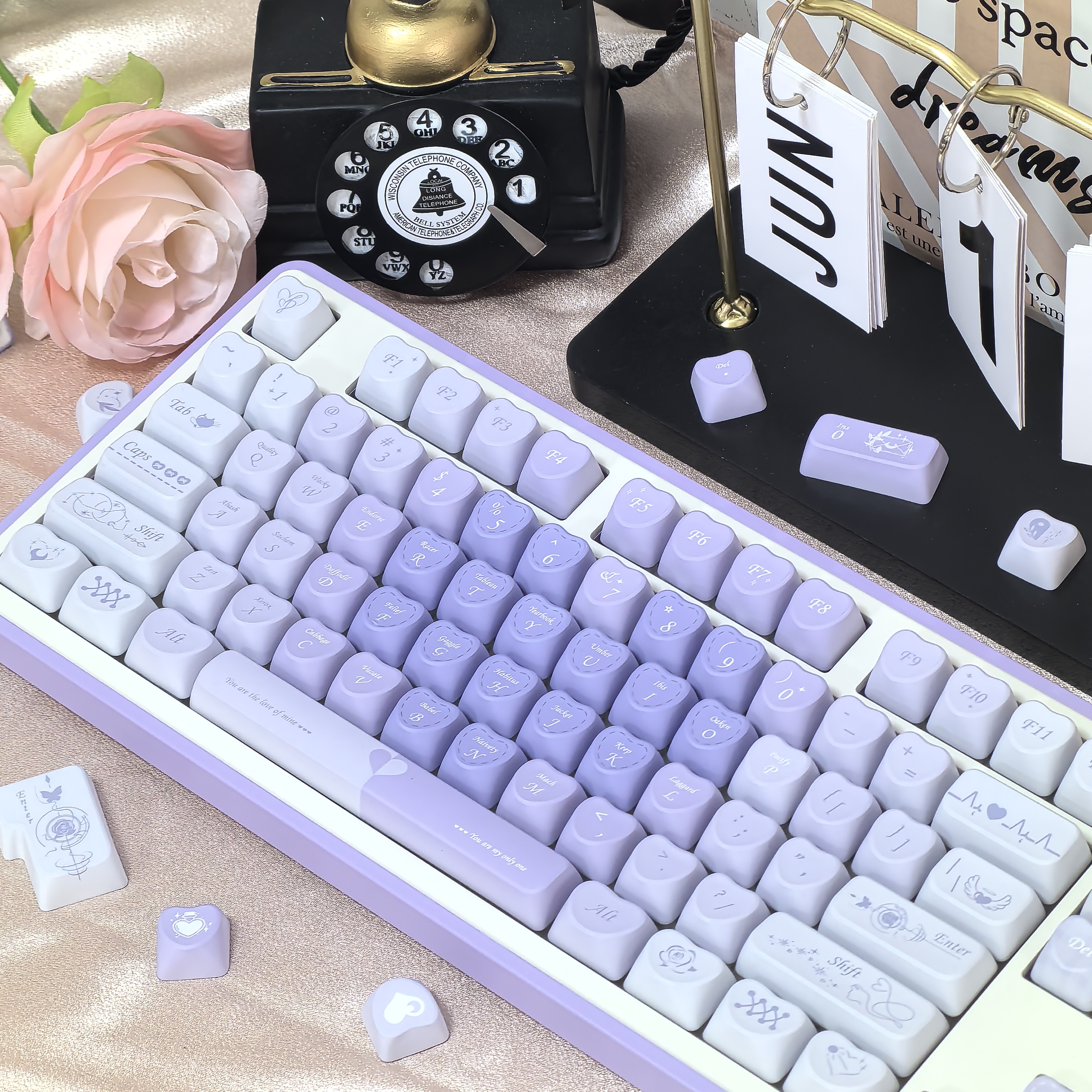 Fioletowe Keycapy Nowa Miłość Kształt Lo PBT Romantyczny Francuski Styl robić Klawiatury Mechanicznej 120 Klawiszy DIY Śliczne Keycapy w Kształcie Serca Prezenty dla Dziewczyn