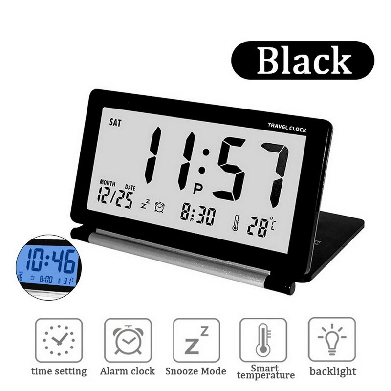 Elektronische wekker reisklok tafelklok multifunctioneel stil lcd digitaal groot scherm opvouwbaar led snooze-functie 62: Zwart met achtergrondverlichting
