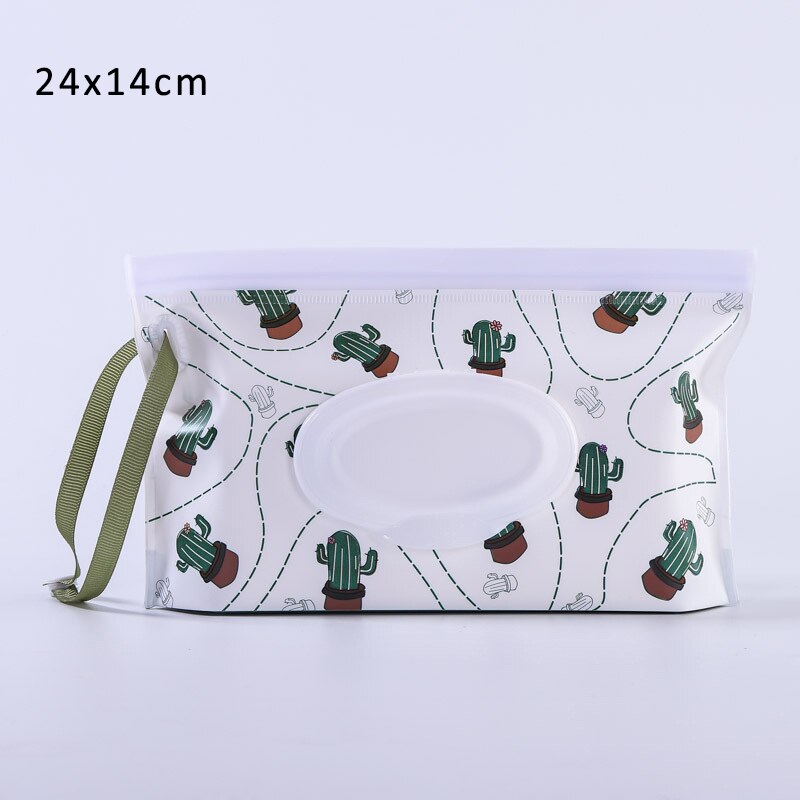 1Pcs Cartoon Pattern Eco-Friendly Baby Wipes Box Wet Wipe Box Cleaning Wipes Carrying Bag Clamshell Snap Strap Container Case: Cactus