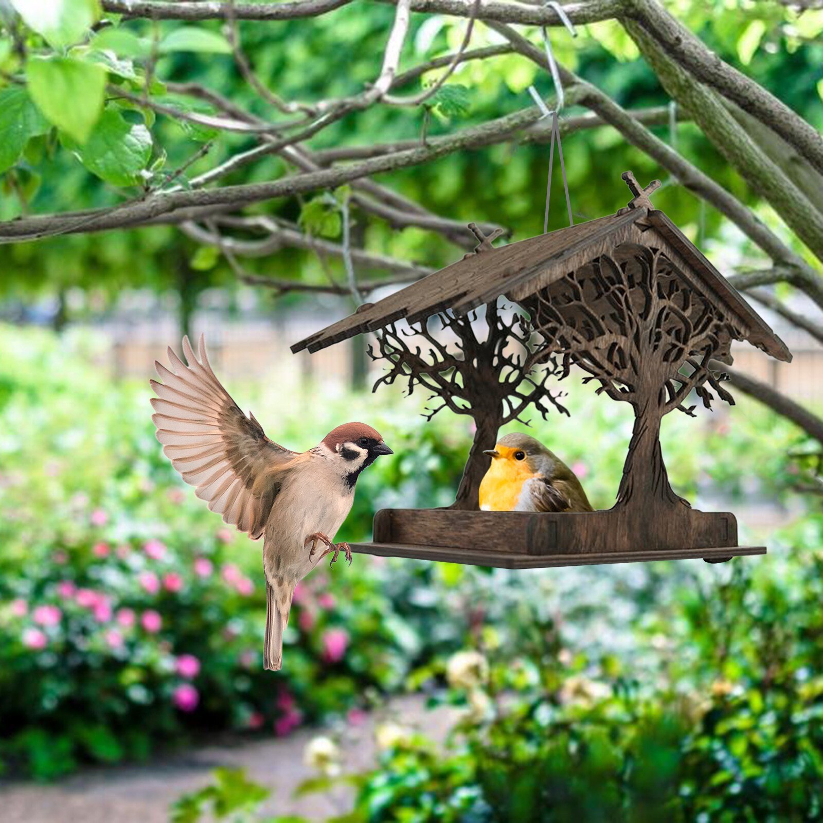 Feeder Wooden Bird House Bird Feeder Wooden Birdhouse Garden Bird House Garden Garden Ornaments Garden Decoration Outdoor