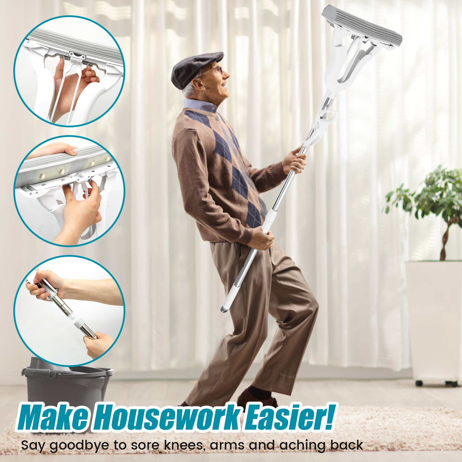 Sponsvloermop PVA Superabsorberende sponsmop Nat en droog gebruik met sponskop Zelfwringende sponsrolmop voor thuisvloer