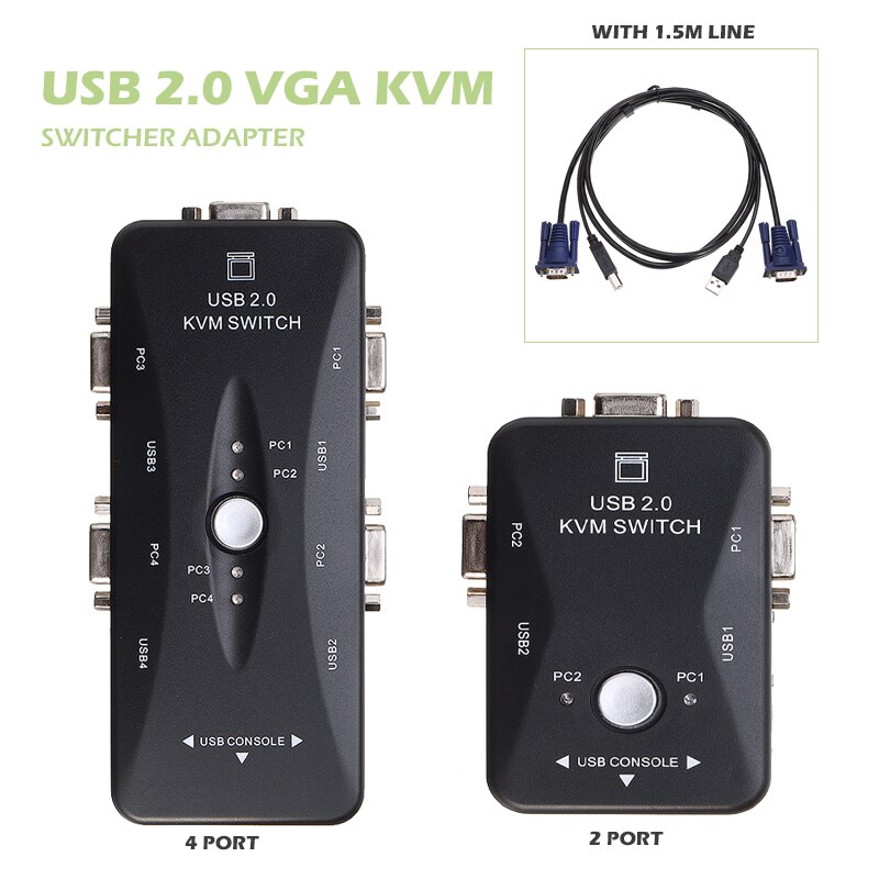 Pohiks 1pc 2/4 Ports USB 2.0 KVM Switch Box Portable Mouse Keyboard 1920x1440 Switches Adapter With 1.5m KVM Cables