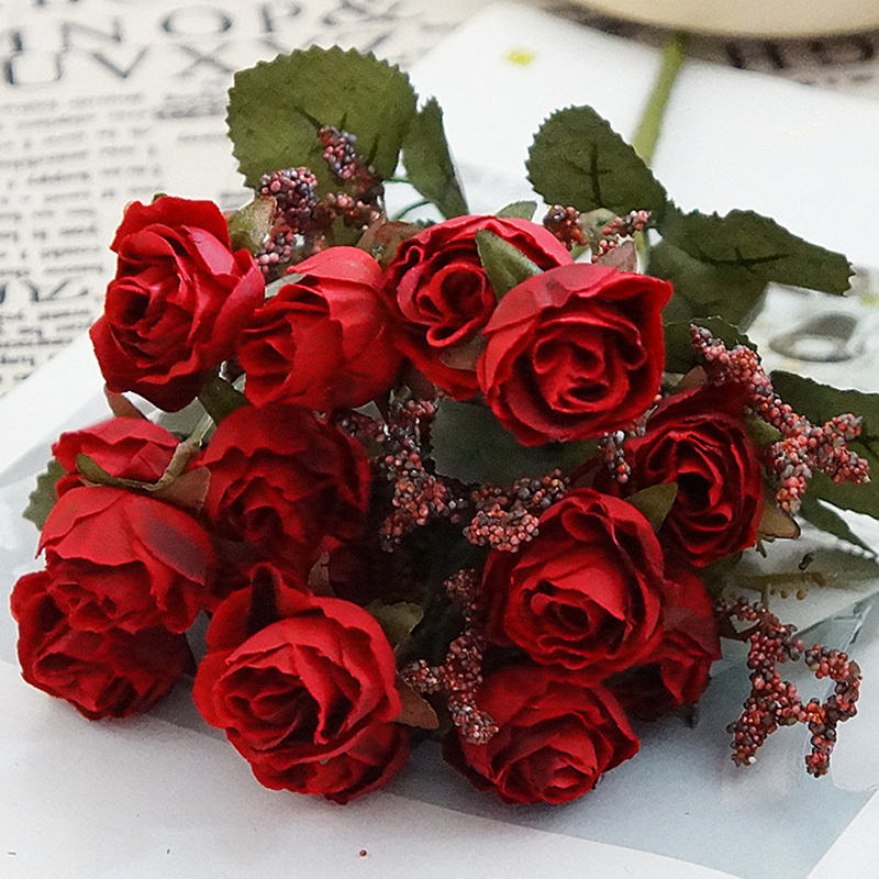 15 hoder fransk ekte ta på silke roser blomsterbukett kunstig blomsterbukett bryllup bil dekorasjon hjem dekorasjon blomster: A1