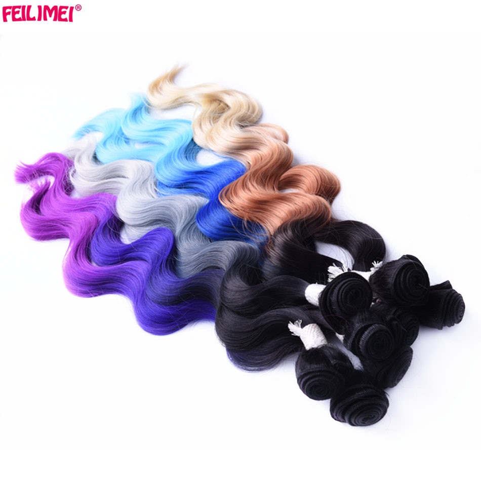 Feilimei-mechones de pelo sintético, tejido de fibra de alta temperatura, 3 tonos, Rubio degradado, gris, azul, Morado, 18 pulgadas, 20 pulgadas, 22 pulgadas