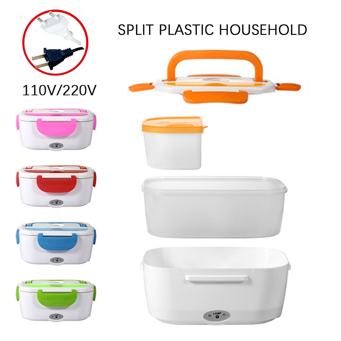 Portable 12/24V/110/220V Dual Use Home Truck Car Electric Heating Lunch Box Rice Food Warmer Container for Travel School Office