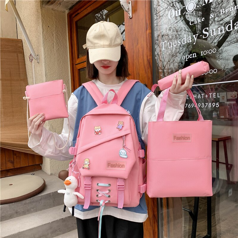 Girls School Bags for Teenage 4 Pcs Set Nylon Cute Ribbon Backpack Women Middle Student Schoolbag