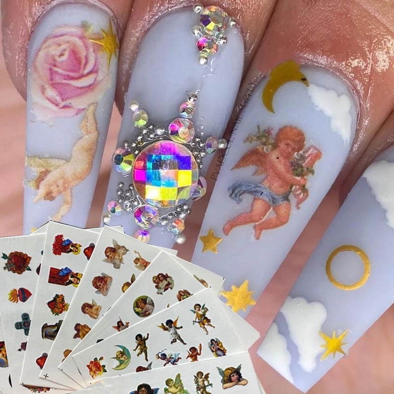 8Pcs Angel Nagels Stickers Water Transfer Nail Art Decals Cherub Engelen Baby Sticker Rose Letters Tips Wraps Manicure Decoratie