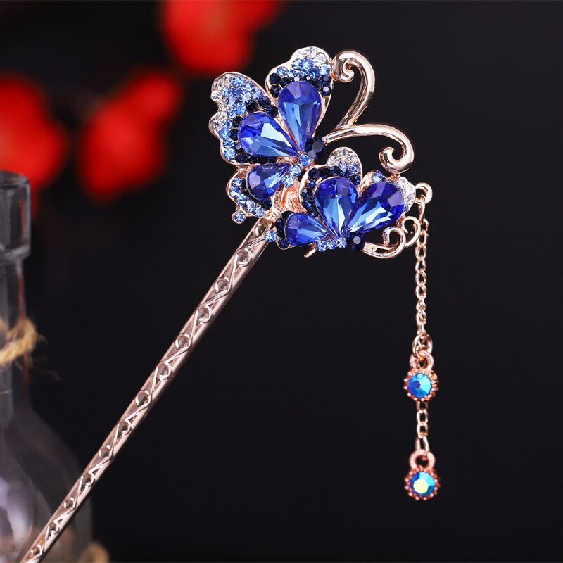 Morkopela flor cristal hairpin moda charme grampo de cabelo acessórios strass nupcial vara de cabelo jóias casamento: butterfly blue
