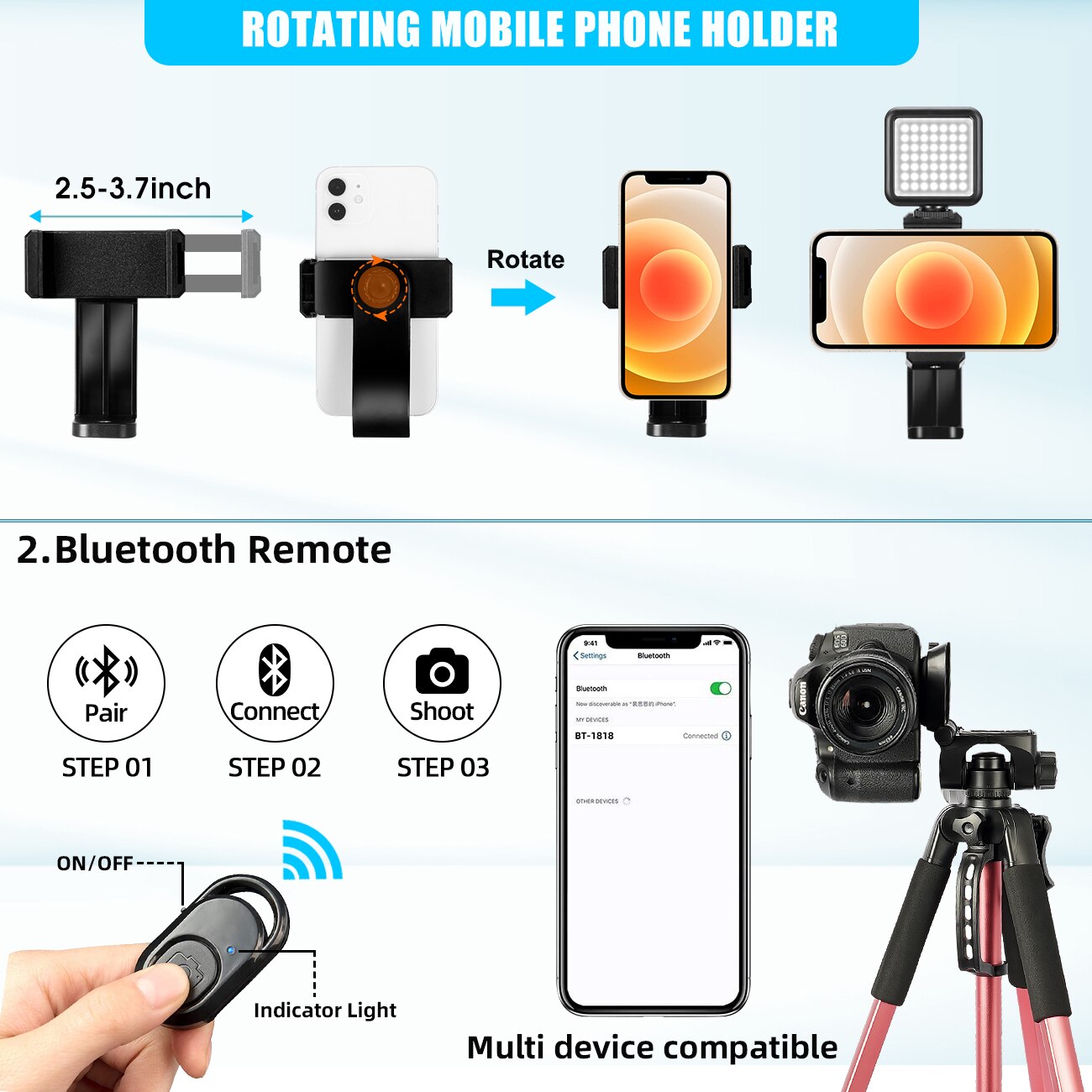 180cm kamerastativ til telefon med bæretaske fotografering mobiltelefonstativ med bluetooth fjernbetjening til video/dslr/canon