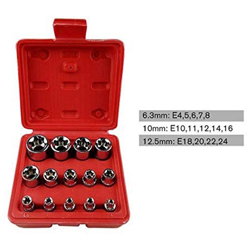 14Pcs/Set E Torx Star Female Bit Socket Set 1/2inch 3/8inch 1/4inch Drive E4 - E24 Repair Tool Hand Tool Set