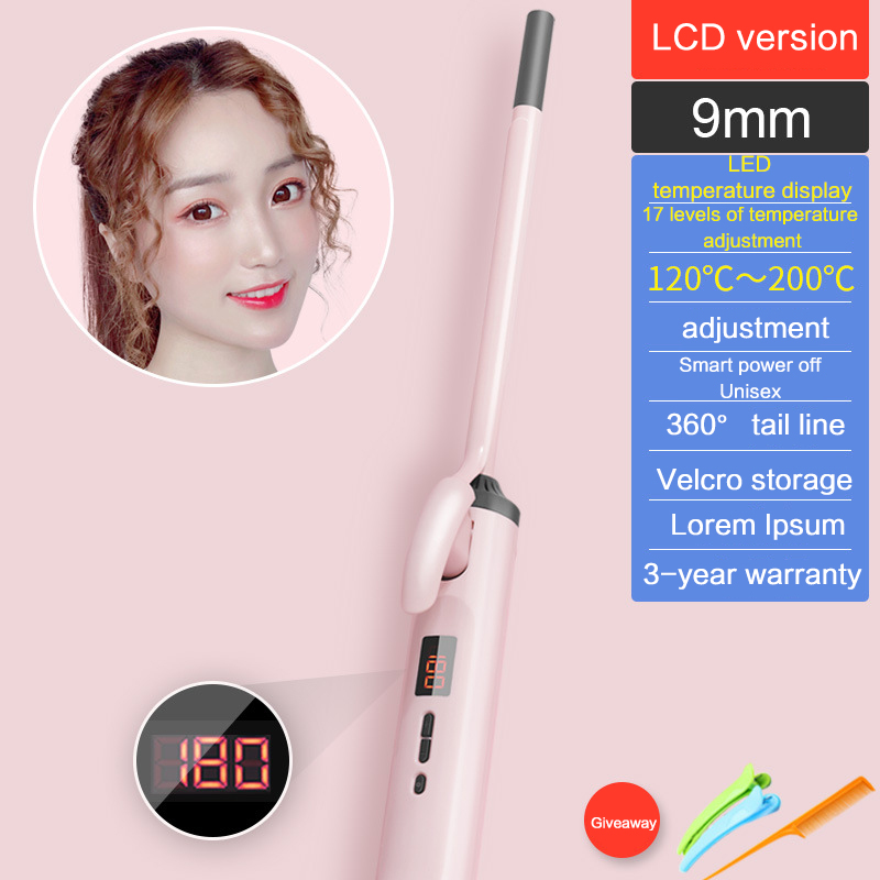 Portable Curling Iron Automatic Curling Iron Electric Ceramic Heating Liquid Crystal Display Rotating Wave Styler Curling Iron: LCD 9mm / US