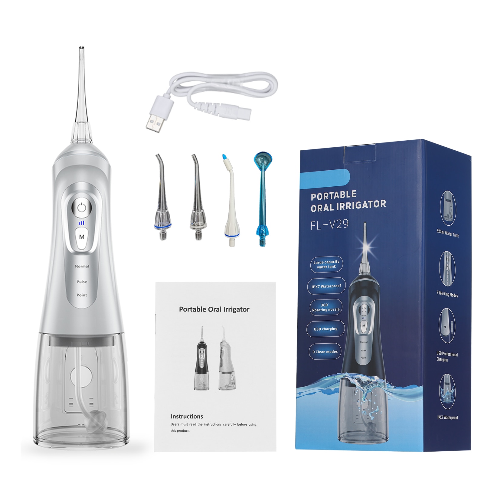 Water Flosser Cordless Oral Irrigator 320ML Water Tank for Teeth Cleaning IPX7 Waterproof USB Electric Water Flossing Device: White