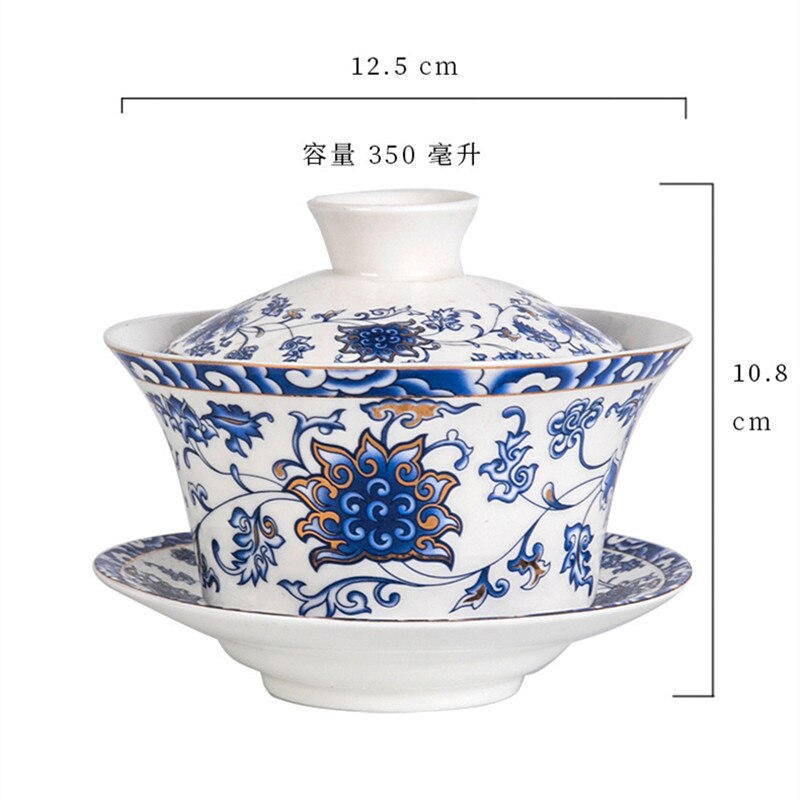 350ml Extra Big Sancai GaiWan Chinese Old Beijing Tea Bowl Jingdezhen Blue and White Porcelain Tea Cup and Saucer Set