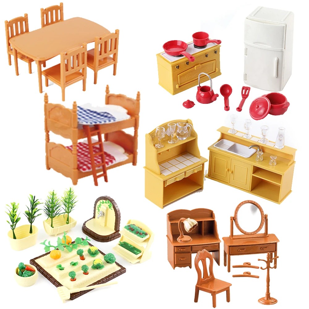 Bosdier Familie Poppenhuis Meubels 1/12 Miniatuur Speelgoed Meisje Poppen Accessoires Slaapkamer Badkamer Poppenhuis Kit Voor Poppen