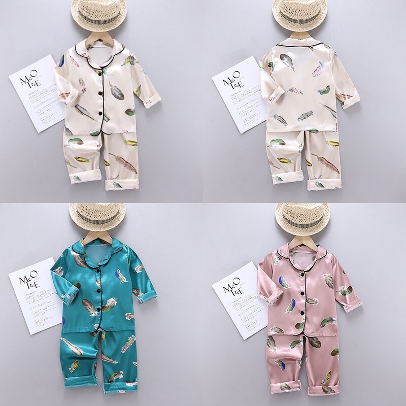 Lente En Herfst Baby Kids Meisjes Jongens Feather Print Nachtkleding Set Lange Mouw Blouse Tops Slaap Broek