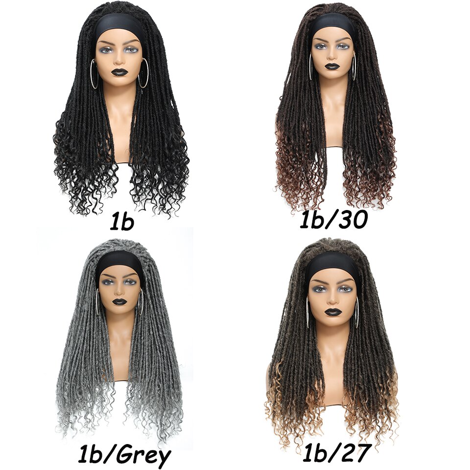 Wakego Wig Ombre Headband Wig 1B/1B 27/1B 30/1B Grey Colors Dreadlock Wig Turban Wig Curly End Goddess Faux Locs Braided Wig