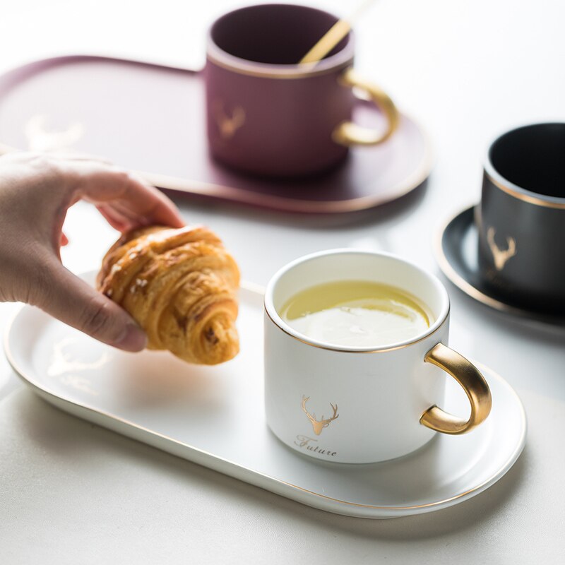 European Luxurious Gold Rim Ceramics Coffee Cups And Saucers Spoon Sets With Box Tea Soy Milk Breakfast Mugs Dessert Plate