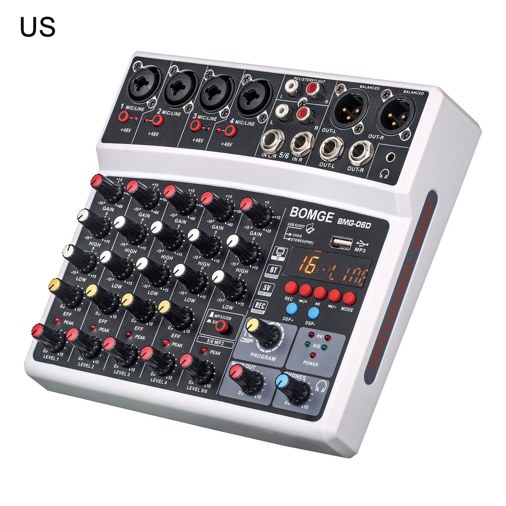Wireless 6 Channel Audio Mixer Portable Mixing Console USB Interface Sound Card With 16 DSP Echo 48V Phantom Power: White-US