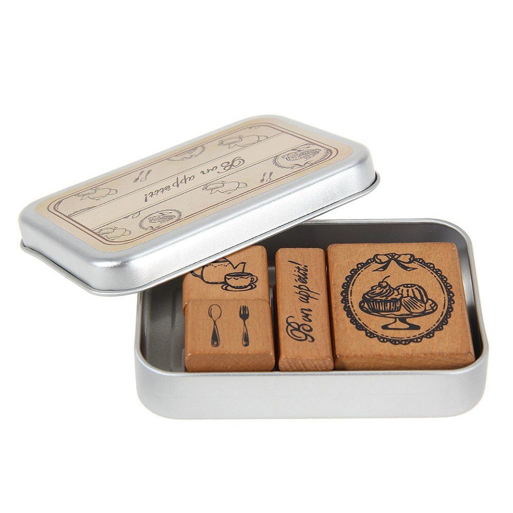 Trästämplar happy time style gummistämpel set dagbok järn box & diy 1 st: Förbjud aptit