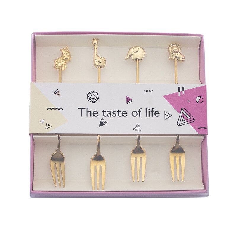 304 Stainless Steel Coffee Spoon Tableware Tea Spoons Dessert Fork with Animal pattern: Fork Set Gold