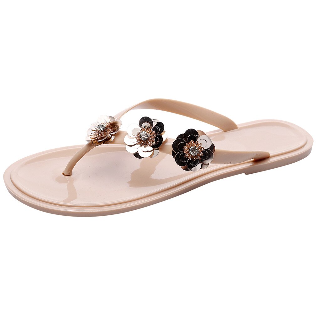 Beach slippers ladies casual summer flat large flip-flops flower sequins lightweight non-slip breathable ladies Open Toe sandals: Beige / 38