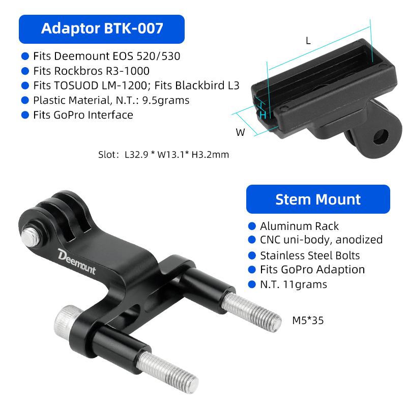 Adaptador para faro EOS530/520 para Rockbros /Blackbird L3, soporte de lámpara frontal, vástago de manillar, horquilla, soporte para casco, compatible con GoPro: Gris claro