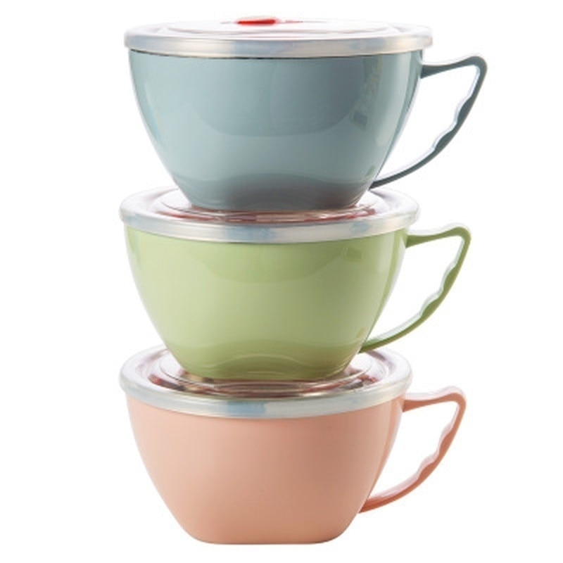 1Pc Solid Rvs Noodle Kom Met Handvat Voedsel Container Rijstkom Soep Kommen Instant Noodle Kom Met Deksel met Handvat