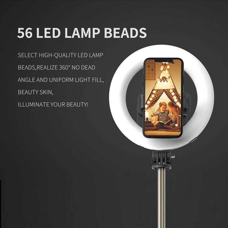 RUZSJ Q07-Palo de Selfie inalámbrico con Bluetooth, anillo LED de 6 pulgadas, luz de fotografía, trípode plegable, monopié para teléfonos inteligentes iPhone