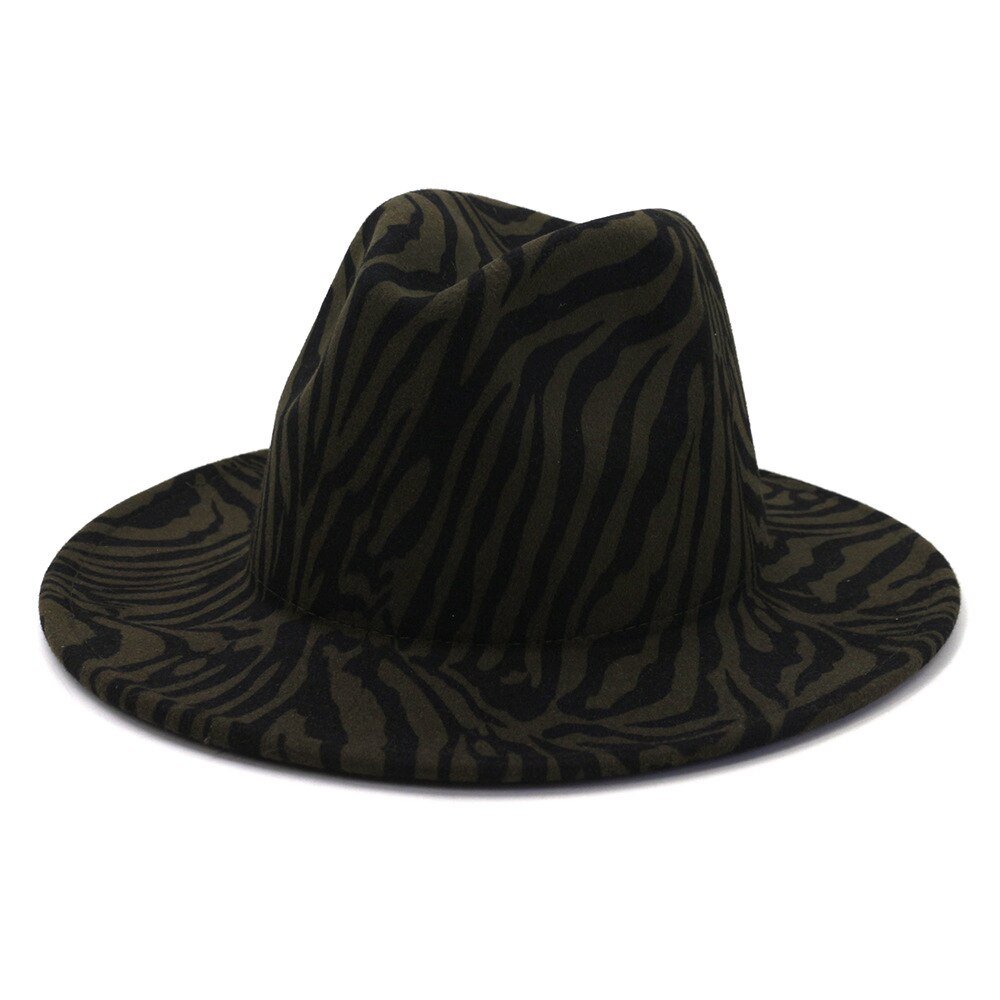QBHAT Zebra Pattern Artificial Wool Felt Fedora Hats Women Men Large Brim Jazz Party Cap Panama Style Cowboy Hat: Army Green