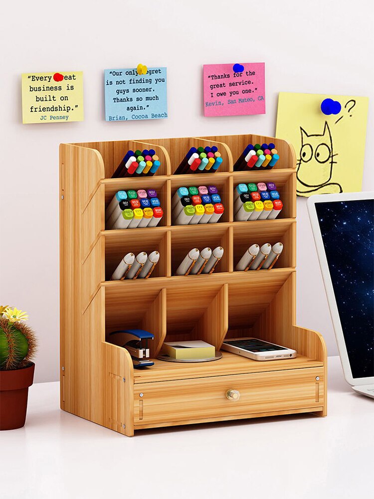 Wooden Pen Holder Desk Organizer Multi-Function Office Pencil Case Large Capacity Pencil Organizer Desk Storage Box