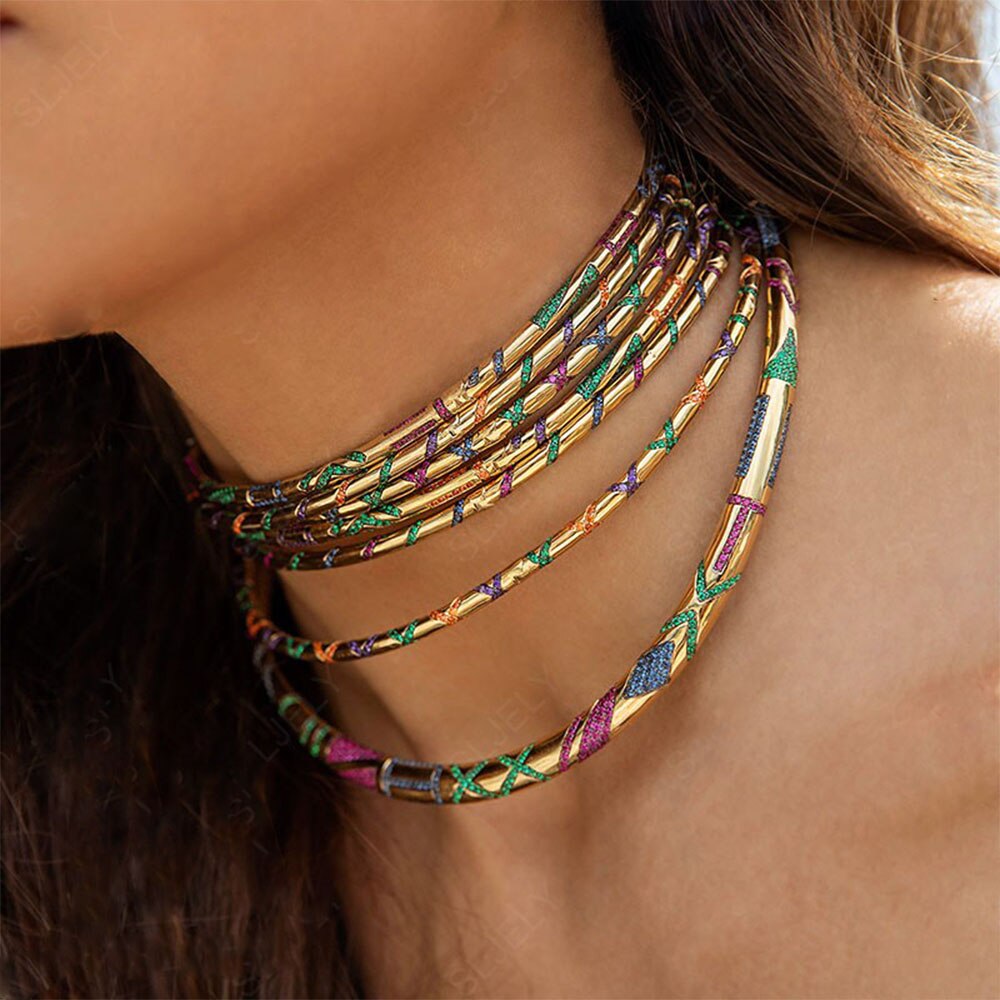 Luxus rein 925 Sterling Silber Bunte Zirkon Steine Geometrische bilden Stamm Halsband Gelb Gold Farbe Frauen Mana Schmuck