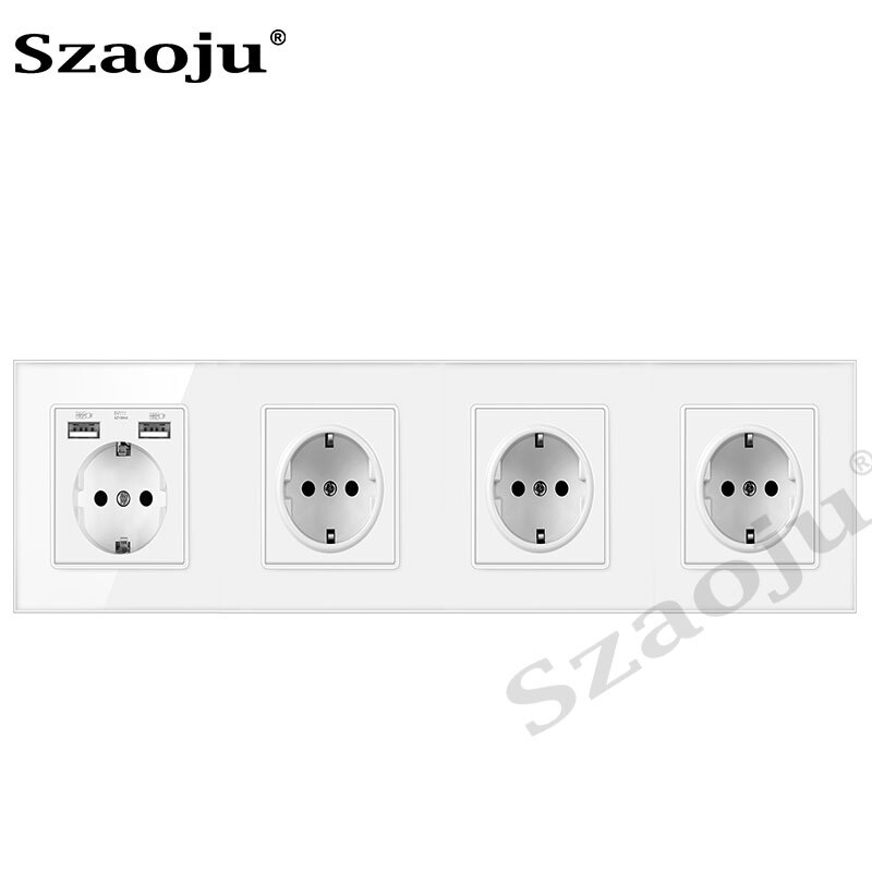 Szaoju wall socket German standard 16A crystal tempered glass panel socket Siamese power socket with USB charging AC110-250V